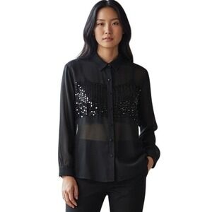 Vintage Flamingo Black Sheer Sequin Button Down Top Long Sleeve Holiday Party 70